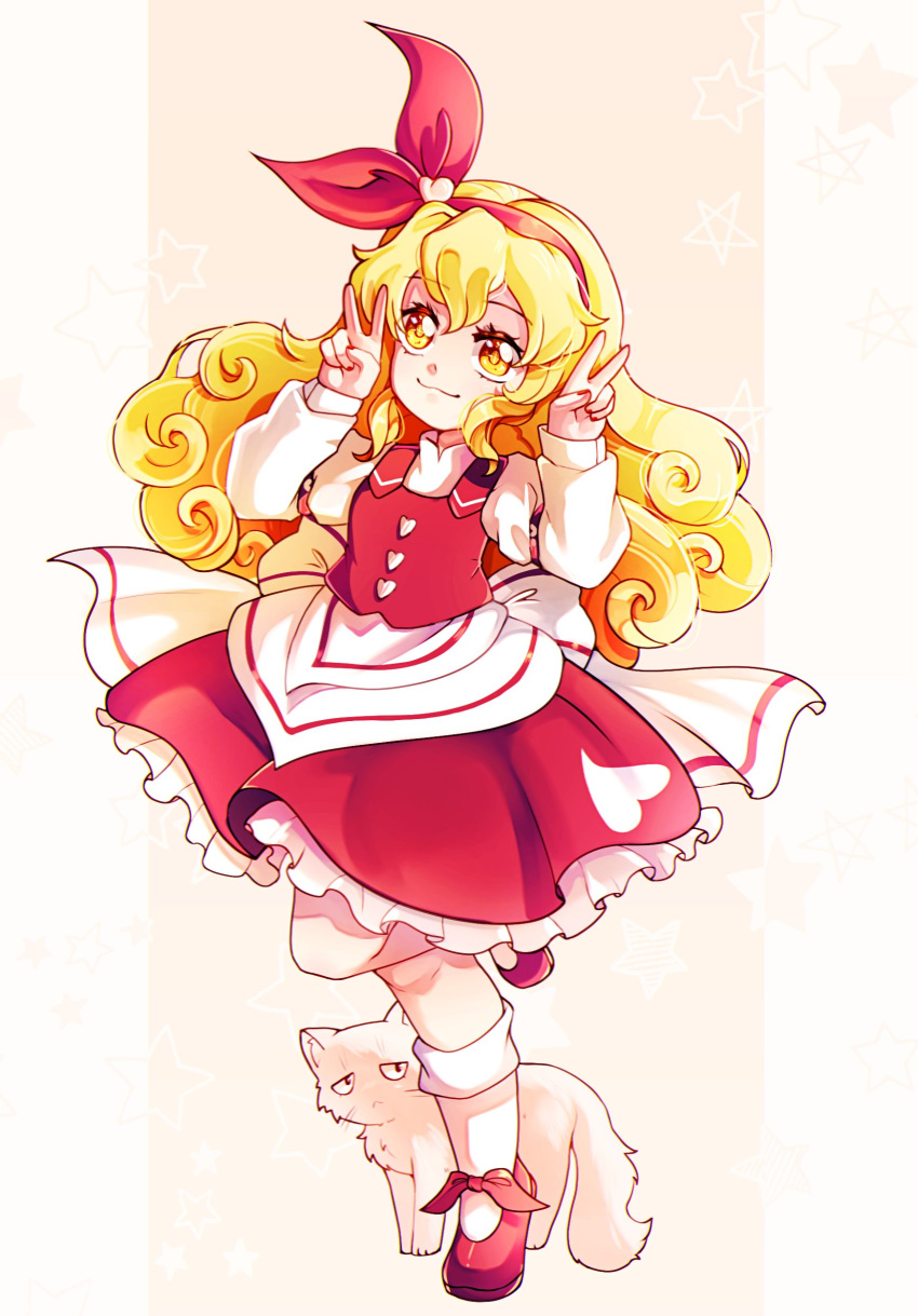 1girl, absurdres, blonde_hair, double_v, dungeon_toaster, ellen_(touhou), hair_ornament, heart