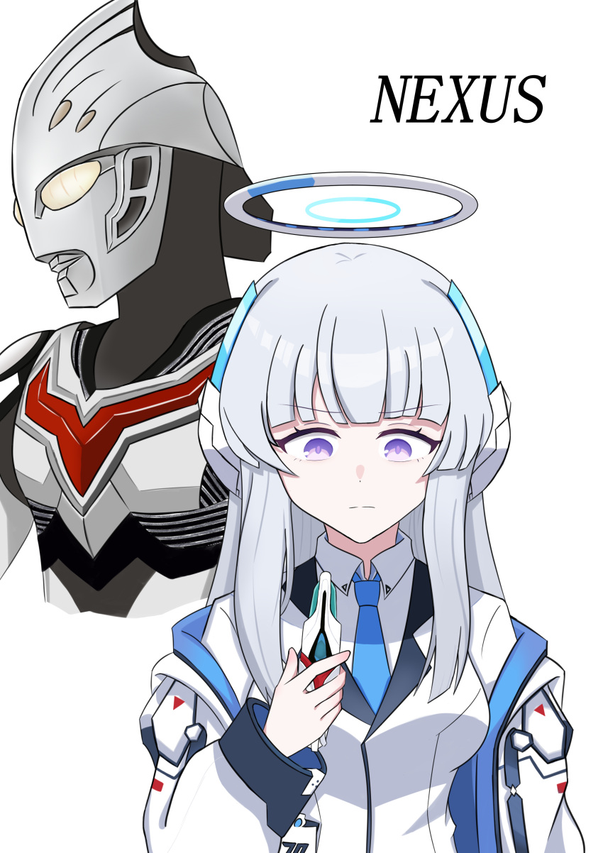 1girl, 1other, absurdres, blazer, blue_archive, blue_necktie, blunt_bangs, coat, collared_shirt, commentary_request, crossover, evoltruster, halo, headgear, highres, holding, id_card, jacket, kunjuan_shala, long_hair, long_sleeves, name_connection, necktie, noa_(blue_archive), open_clothes, open_coat, school_uniform, shirt, sidelocks, simple_background, solo_focus, ultra_series, ultraman_nexus, ultraman_nexus_(series), violet_eyes, white_background, white_coat, white_hair, white_jacket, white_shirt