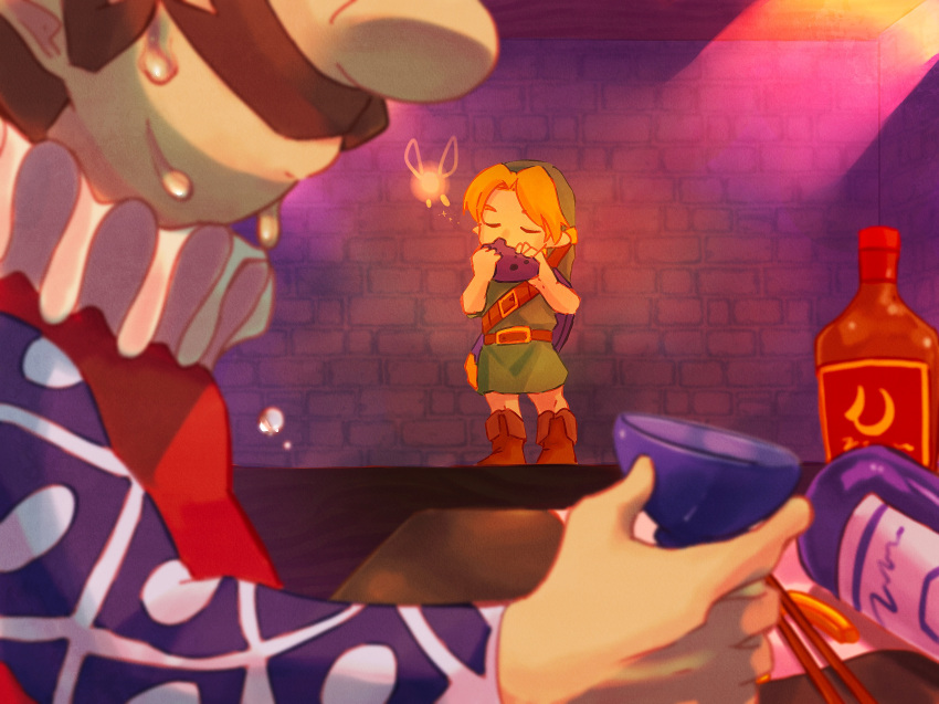 2boys, alcohol, bar_(place), belt, blonde_hair, boots, bottle, brick_wall