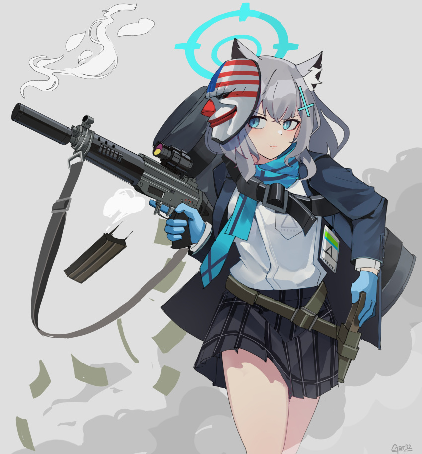 1girl, absurdres, animal_ear_fluff, animal_ears, assault_rifle, bag, blazer, blue_archive
