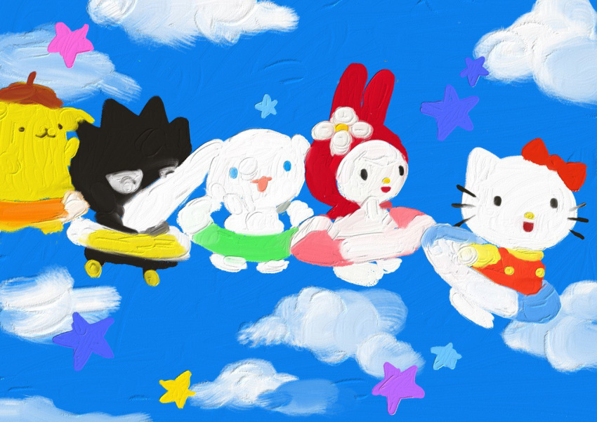 :3, :d, ^_^, badtz-maru, beret, black_eyes, blue_eyes, blue_sky