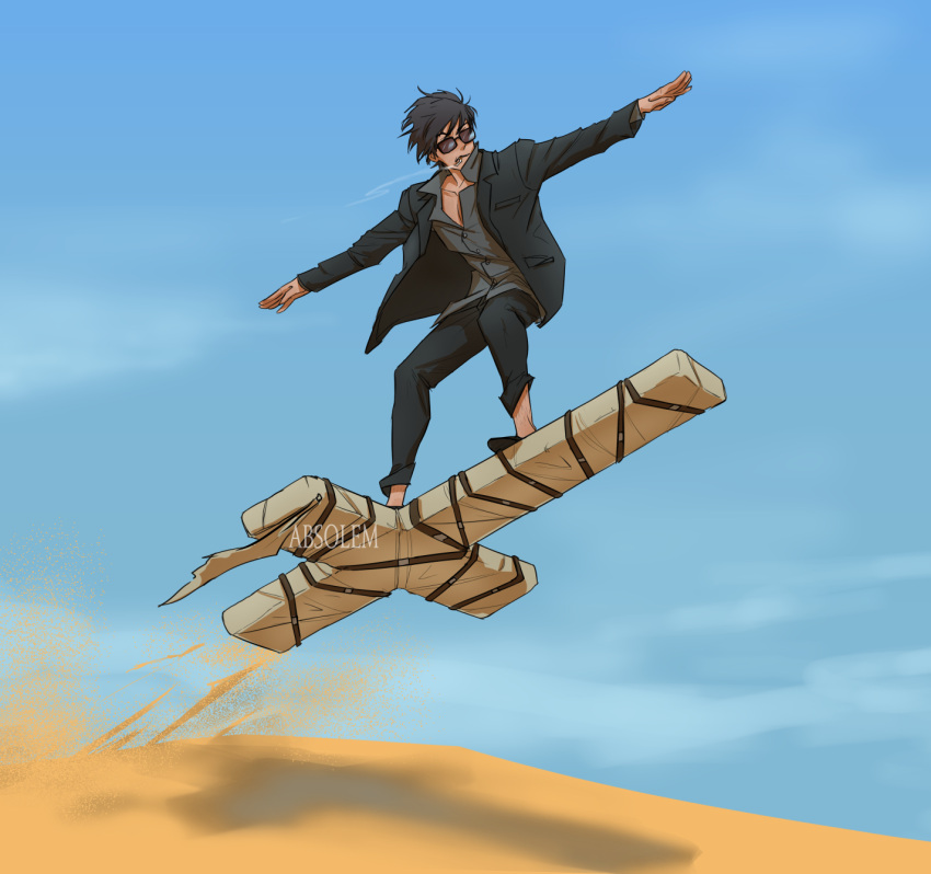 1boy, absolem0, arms_up, artist_name, black_footwear, black_hair, black_jacket, black_pants, cigarette, collared_shirt, day, desert, full_body, grey_shirt, highres, jacket, large_cross, long_sleeves, male_focus, mouth_hold, nicholas_d._wolfwood, outdoors, pants, partially_unbuttoned, shirt, shoes, short_hair, solo, sunglasses, surfing, trigun, trigun_stampede, v-shaped_eyebrows
