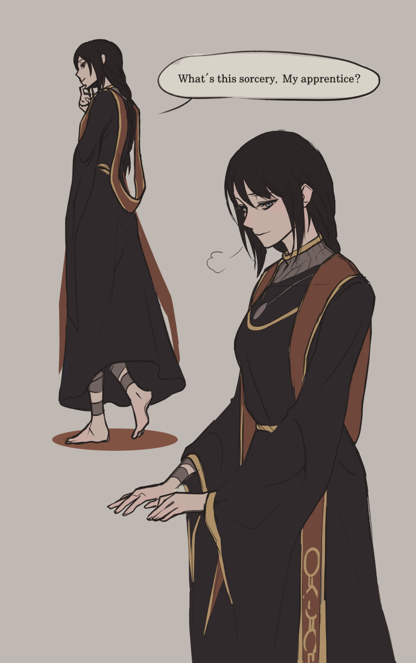 barefoot, black_hair, blue_eyes, braid, dot_7333, elden_ring, highres, jewelry, looking_at_viewer, looking_to_the_side, necklace, robe, sorceress_sellen, talking, wrapping