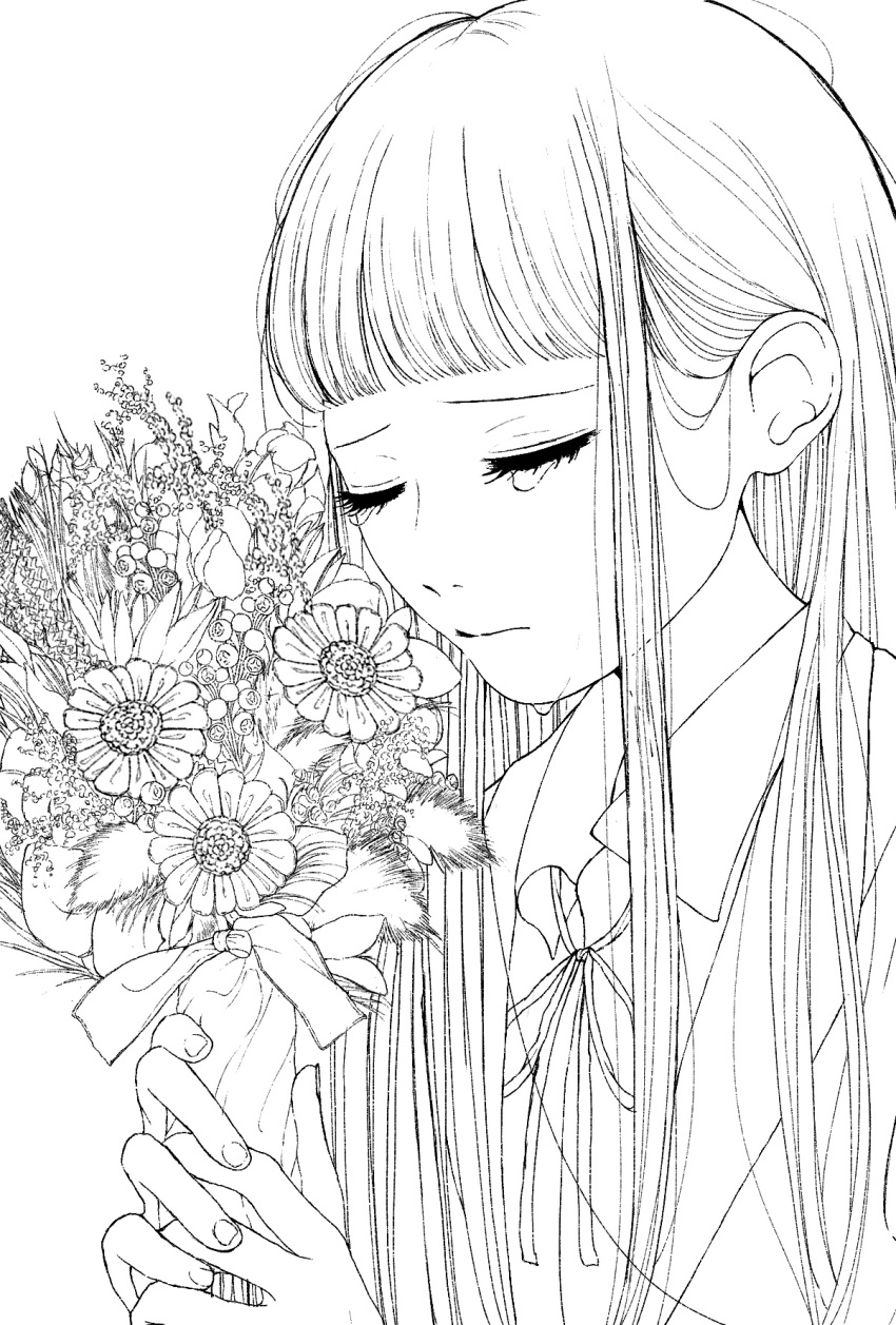 1girl, babel_ii, bad_id, bad_pixiv_id, blunt_bangs, bouquet, closed_eyes, crying