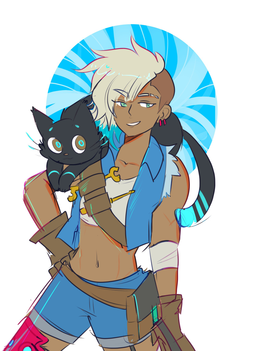 1girl, 808_(hi-fi_rush), absurdres, artist_request, asymmetrical_hair, blonde_hair, cat, cropped_jacket