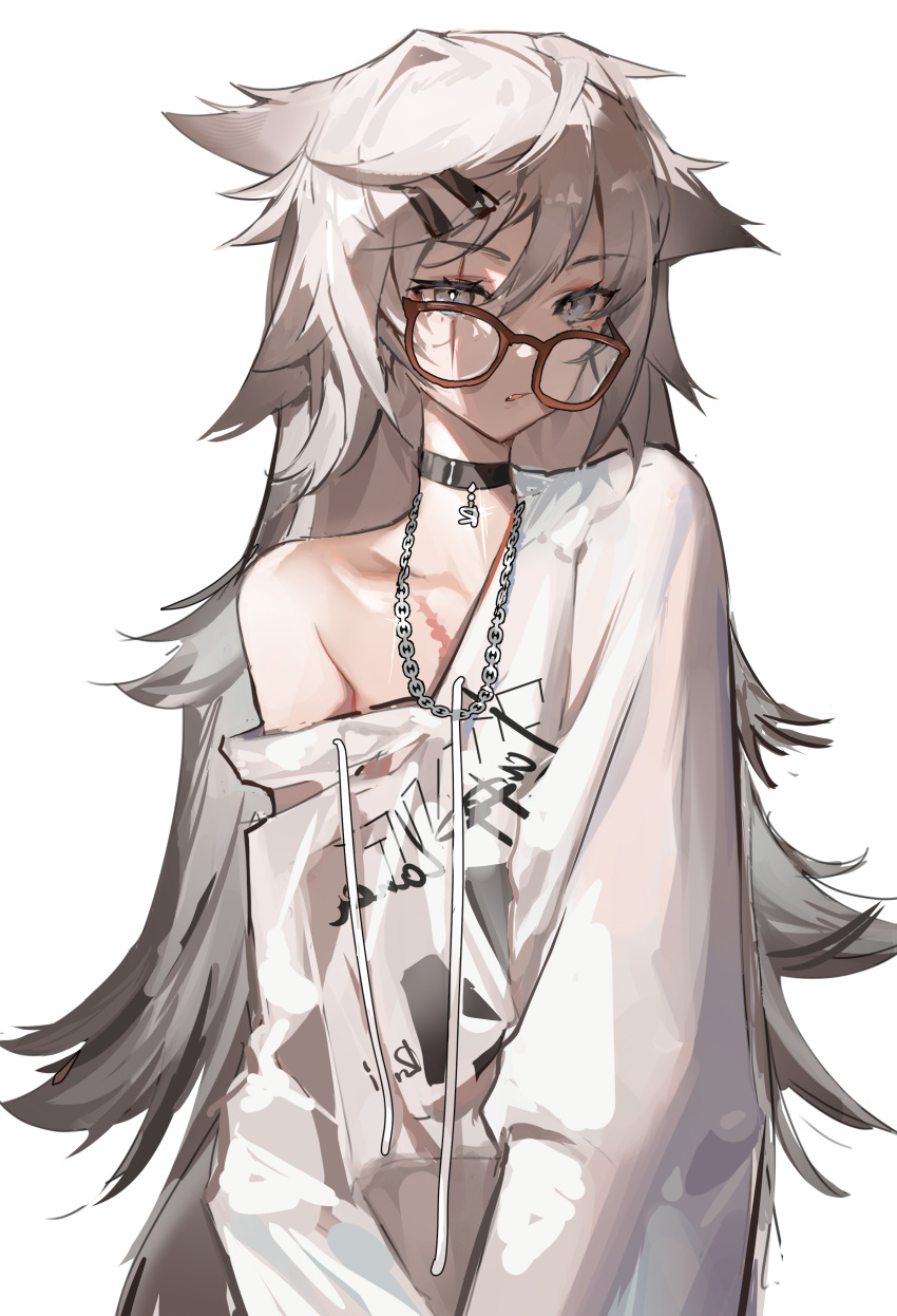 1girl, absurdres, alternate_costume, arknights, bespectacled, black_choker, brown-framed_eyewear, chain_necklace