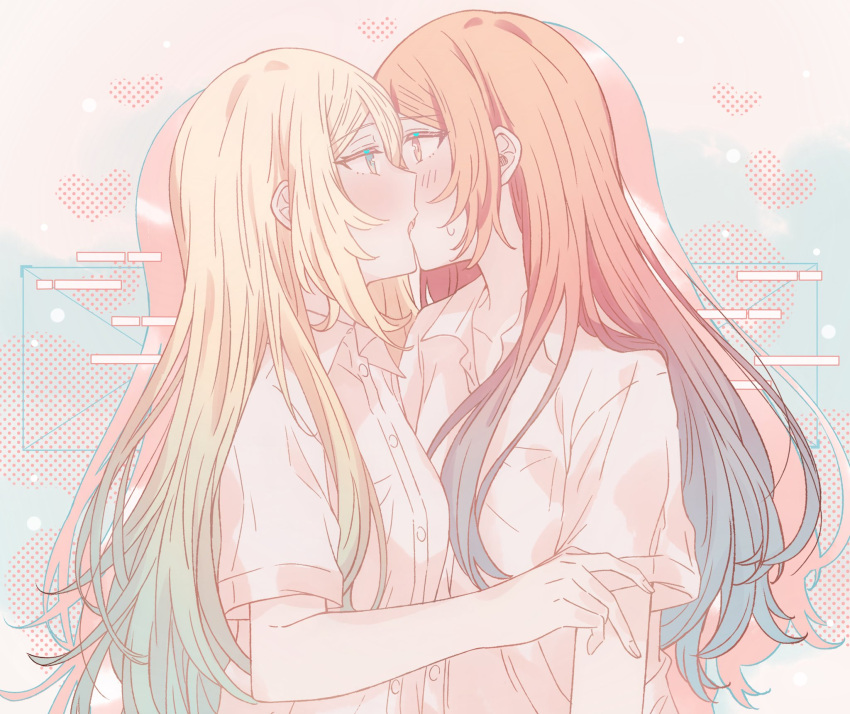 2girls, blonde_hair, blue_eyes, blue_hair, blush, breasts, collared_shirt, commentary