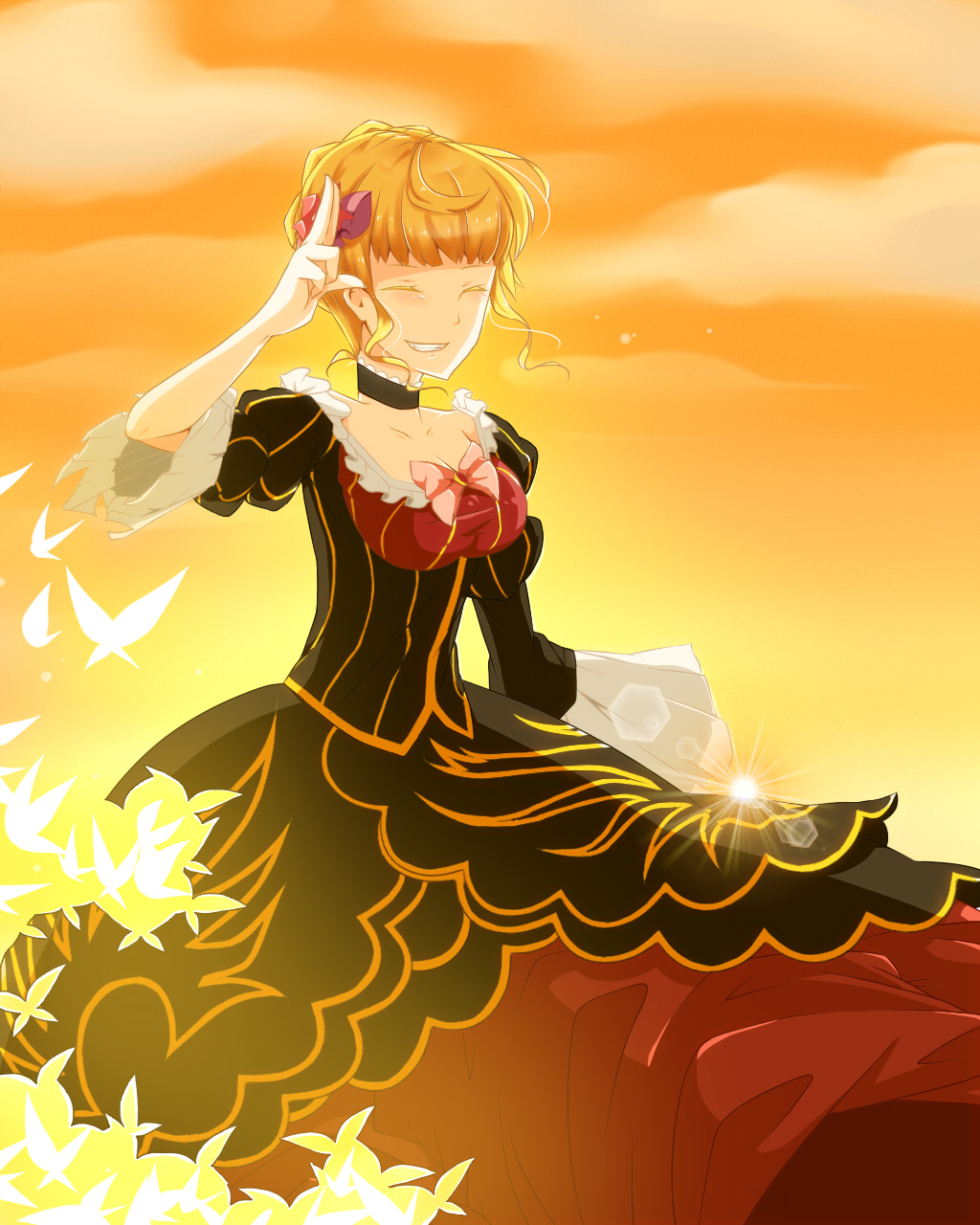 blonde_hair, breasts, butterfly, cleavage, dress, highres, mimoza, sunset