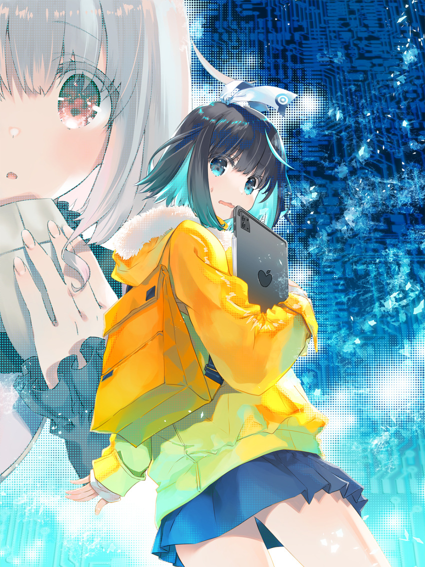 16bit_sensation, 2girls, akisato_konoha, aqua_eyes, black_hair, blue_skirt, commentary_request, from_behind