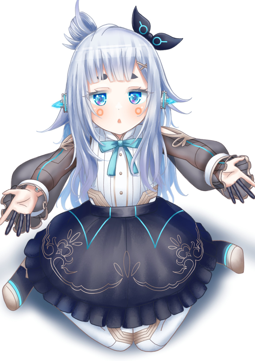 1girl, absurdres, and_uge, android, black_skirt, blue_bow, blue_bowtie, blunt_bangs, blush, bow, bowtie, buttons, chestnut_mouth, cola_(250ml_cola), commentary_request, finger_cots, flat_chest, frilled_skirt, frills, full_body, grey_hair, hairpods, highres, joints, long_hair, looking_at_viewer, medium_bangs, nanashi_inc., open_mouth, pantyhose, robot_joints, see-through, see-through_sleeves, shirt, simple_background, sitting, skirt, solo, thick_eyebrows, virtual_youtuber, wariza, white_background, white_pantyhose, white_shirt, winding_key