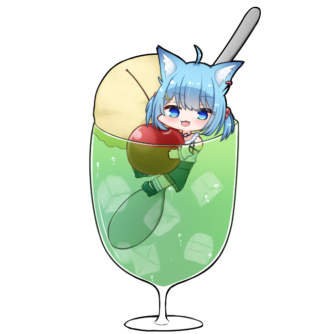 1girl, ahoge, animal_ear_fluff, animal_ears, blue_eyes, blue_hair, blush, cherry, chibi, cup, dog_ears, food, fruit, full_body, grey_skirt, hair_bobbles, hair_ornament, ice, ice_cream, ice_cream_float, ice_cube, in_container, in_cup, k_(ve_do_9k), looking_at_viewer, medium_bangs, mini_person, minigirl, nanashi_inc., open_mouth, shirt, short_hair, simple_background, skirt, smile, solo, souya_ichika, spoon, two_side_up, virtual_youtuber, white_background, white_shirt