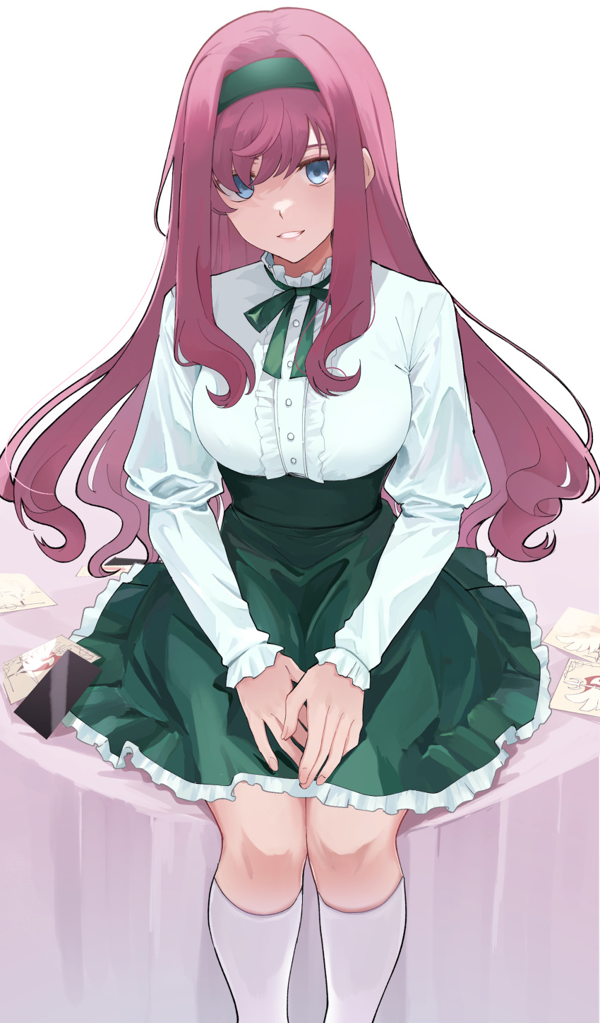 1girl, absurdres, blue_eyes, breasts, cardfight!!_vanguard, cardfight!!_vanguard:_overdress, green_headband, green_ribbon