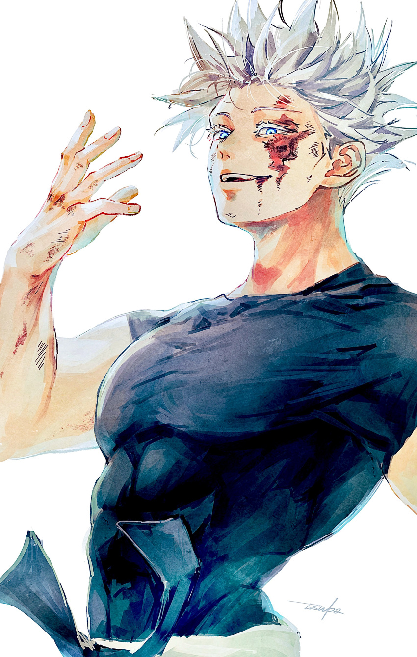 1boy, 28cg, :d, absurdres, artist_name, black_shirt, blue_eyes, bruise