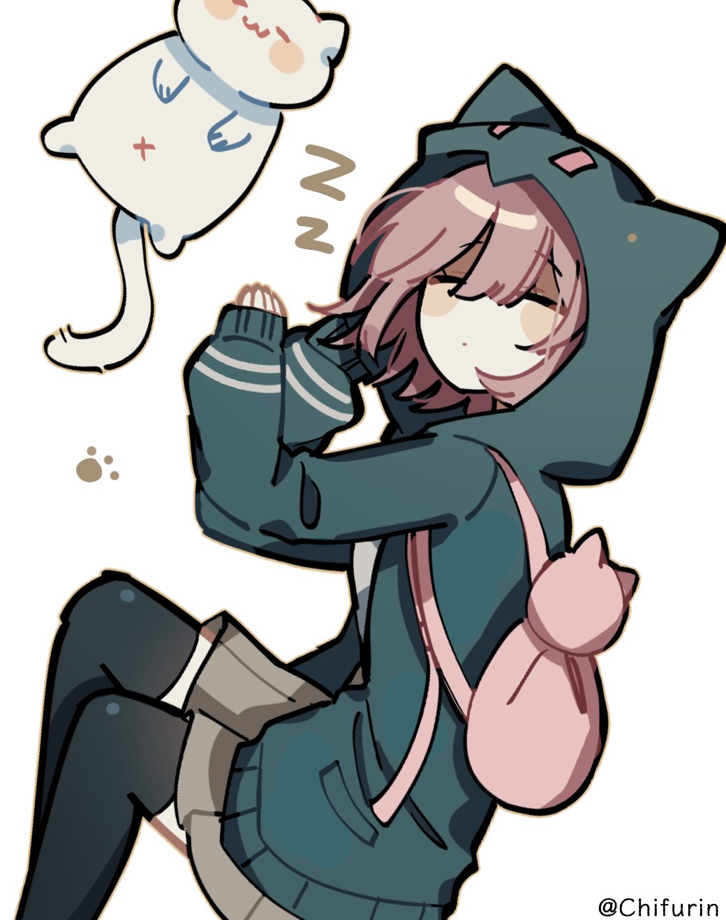 1girl, animal, animal_bag, artist_name, backpack, bag, black_thighhighs, blush_stickers