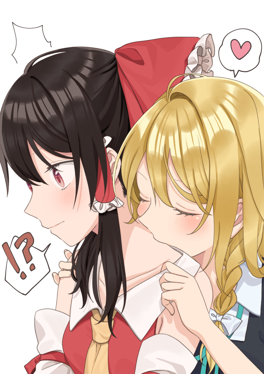 !?, 2girls, absurdres, ascot, bare_shoulders, black_vest, blonde_hair, blush