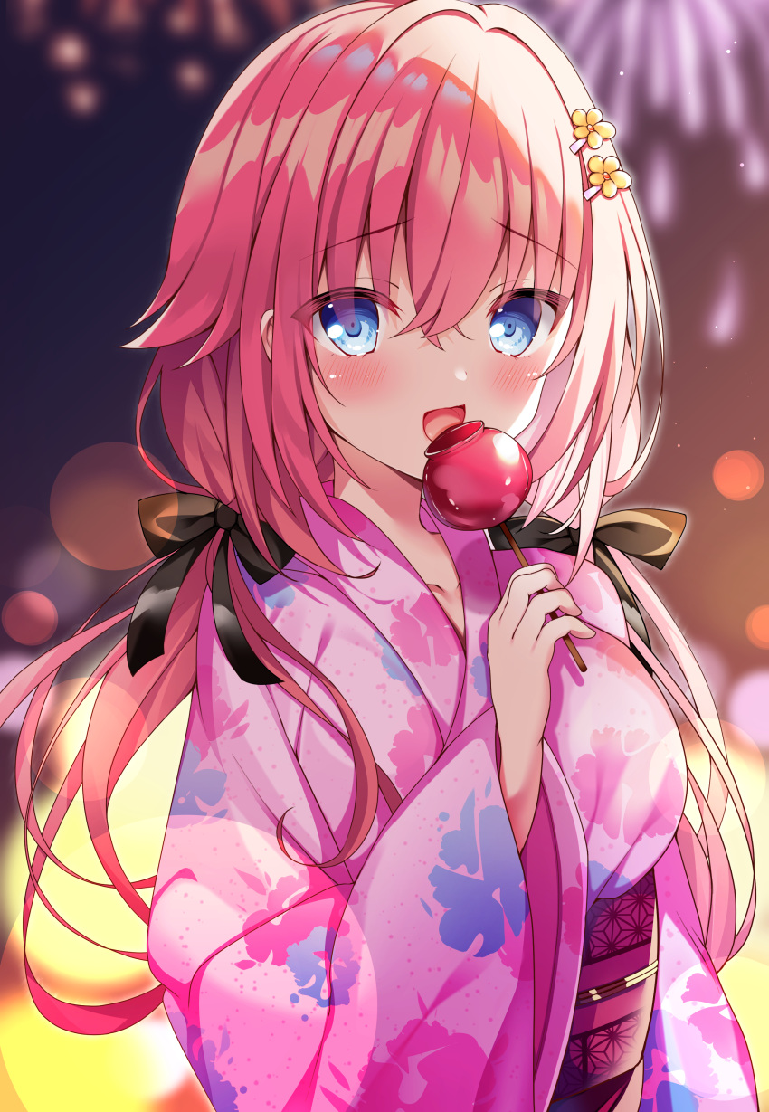 1girl, :d, absurdres, black_ribbon, blue_eyes, blurry, blurry_background, blush