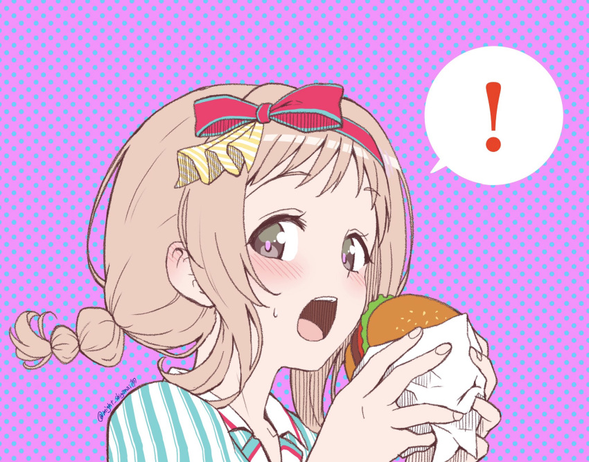 !, 1girl, alternate_hairstyle, blush, braid, bread_bun, brown_eyes, burger, collarbone, food, green_shirt, hairband, hands_up, highres, holding, holding_food, idolmaster, idolmaster_shiny_colors, lettuce, light_brown_hair, looking_at_viewer, m-shiganai, meat, medium_hair, open_mouth, polka_dot, polka_dot_background, portrait, purple_background, red_hairband, sakuragi_mano, sesame_seeds, shirt, shy, single_braid, solo, speech_bubble, striped, striped_shirt, sweatdrop, teeth, tomato, tomato_slice, tongue, twitter_username, upper_teeth_only, wrapper