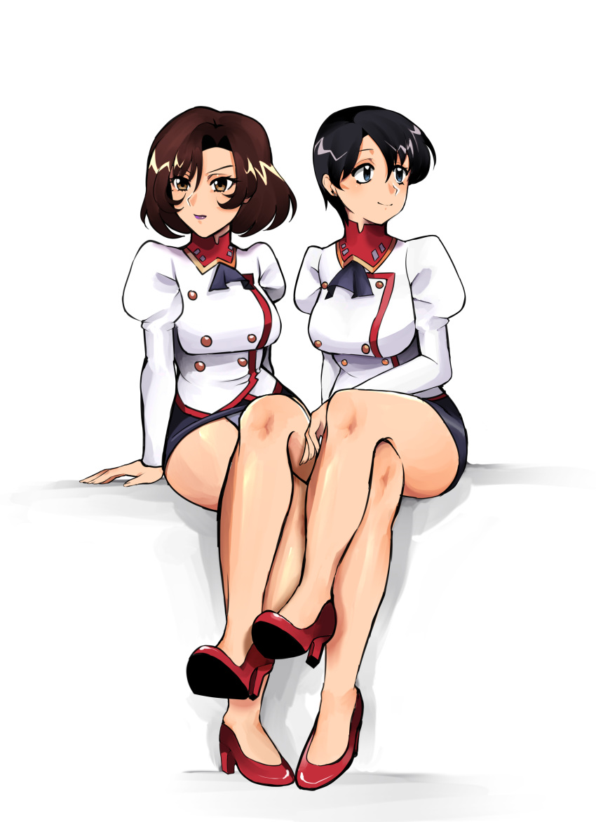 2girls, absurdres, agent_aika, aika_(series), ascot, black_ascot, black_hair, black_skirt