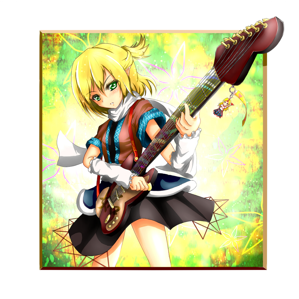 arm_warmers, blonde_hair, foreshortening, green_eyes, guitar, horn, hoshiguma_yuugi, instrument
