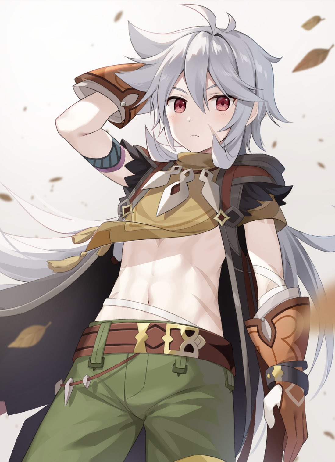 1boy, cape, closed_mouth, genshin_impact, gloves, green_pants, grey_hair, hair_between_eyes