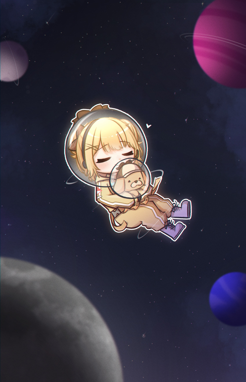 1girl, absurdres, animal_hug, black_sky, blonde_hair, blush, brown_headwear, bubba_(watson_amelia), chibi, closed_eyes, closed_mouth, deerstalker, dog, floating, hair_bun, hair_ornament, hat, heart, helmet, highres, hololive, hololive_english, moon_ldl, planet, short_hair, sky, smile, space, space_helmet, spacecraft, star_(sky), suit, virtual_youtuber, watson_amelia, watson_amelia_(astronaut), x_hair_ornament, yellow_suit