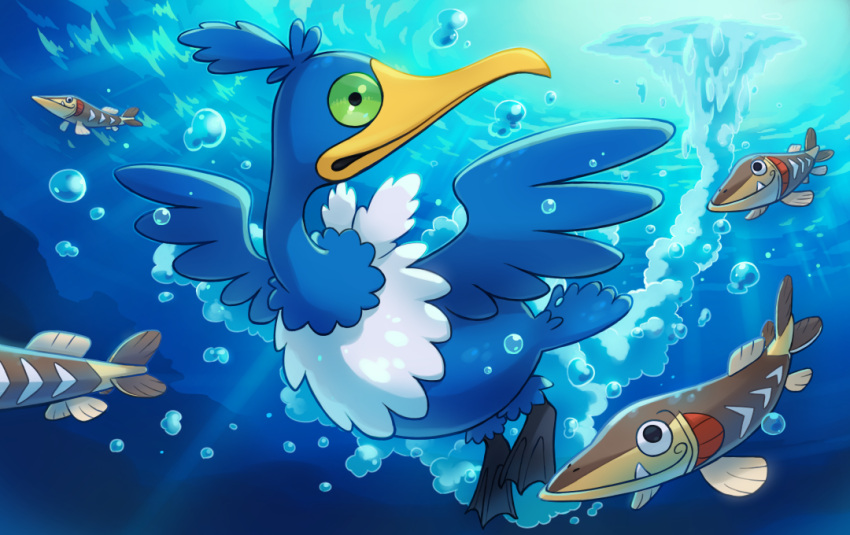 air_bubble, arrokuda, bird, black_eyes, bubble, commentary_request, cramorant, fang
