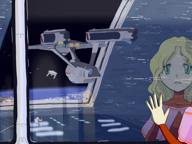 astronaut, base, blonde_hair, blue_eyes, dress, earth, enterprise, green_eyes