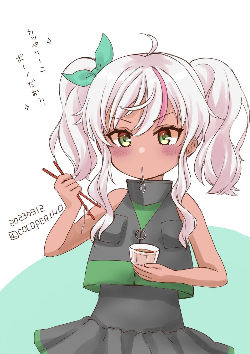 1girl, ahoge, chopsticks, cocoperino, comandante_cappellini_(kancolle), cowboy_shot, dark-skinned_female, dark_skin