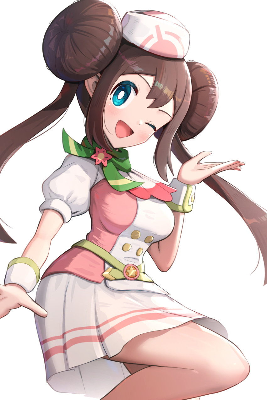 1girl, blue_eyes, breasts, brown_hair, double_bun, gonzarez, hair_bun, hand_up, highres, knee_up, looking_at_viewer, medium_breasts, official_alternate_costume, one_eye_closed, open_mouth, pokemon, pokemon_(game), pokemon_bw2, rosa_(pokemon), rosa_(special_costume)_(pokemon), smile, solo, white_background, wrist_cuffs