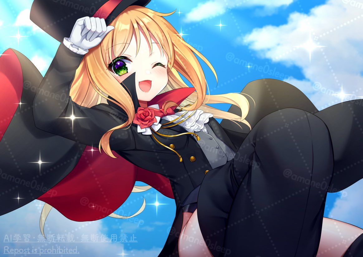 1girl, amane_(230075), arm_up, black_cloak, black_footwear, black_headwear, black_jacket, black_leotard