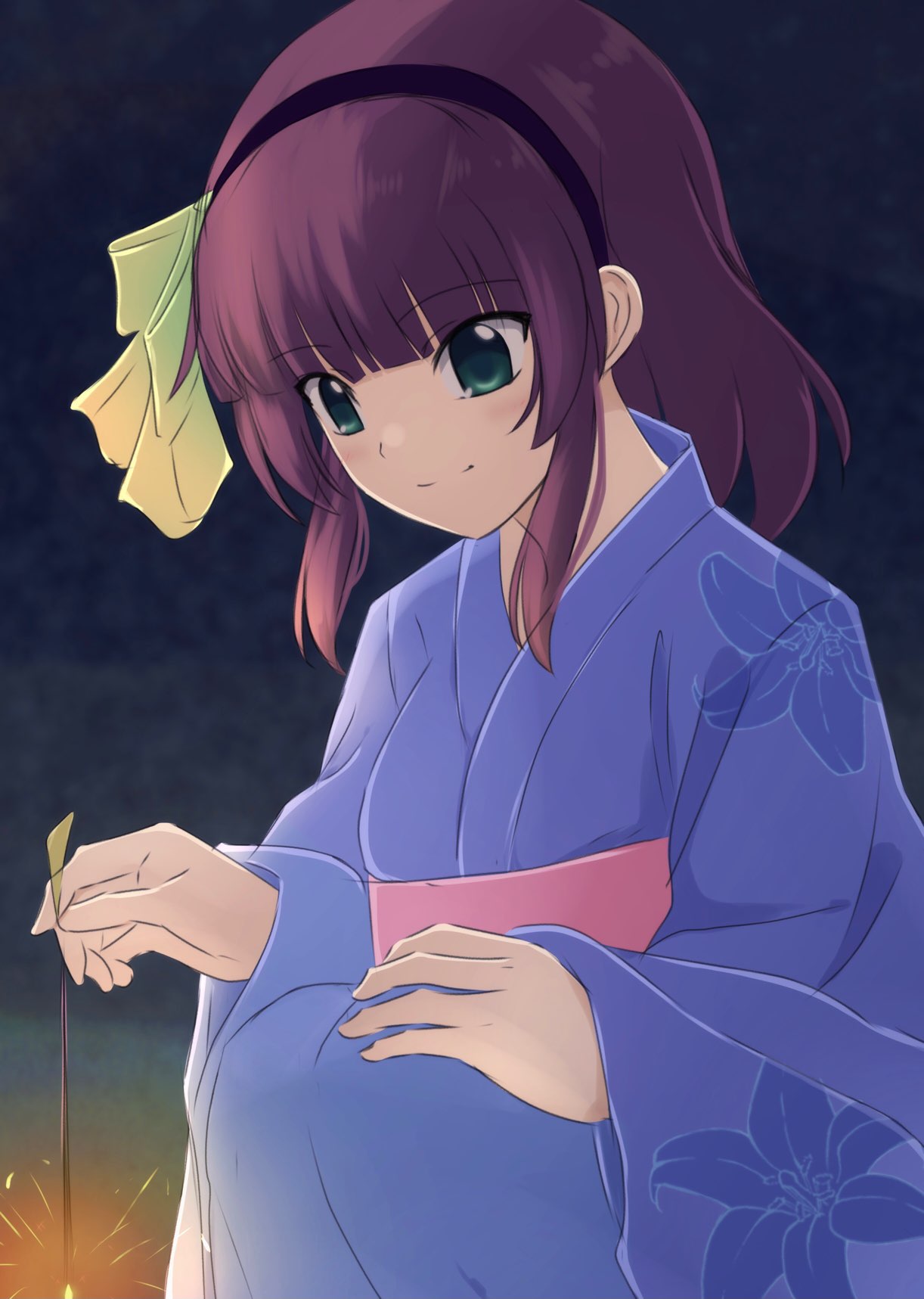 1girl, alternate_costume, angel_beats!, black_hairband, blue_kimono, blunt_bangs, blurry, blurry_background