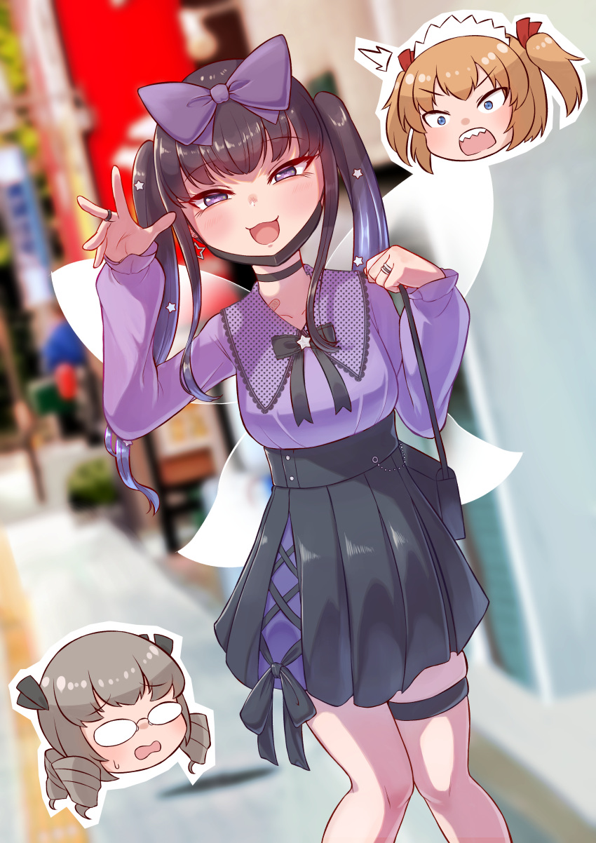 3girls, :d, absurdres, alternate_hairstyle, bag, blurry, blurry_background, bow