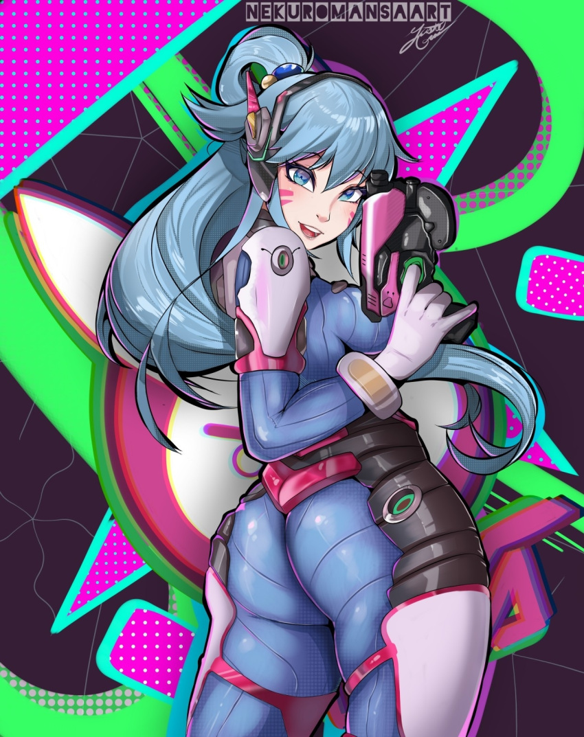 1girl, animal_print, aqua_(konosuba), ass, blue_bodysuit, blue_eyes, blue_hair, blue_thighhighs