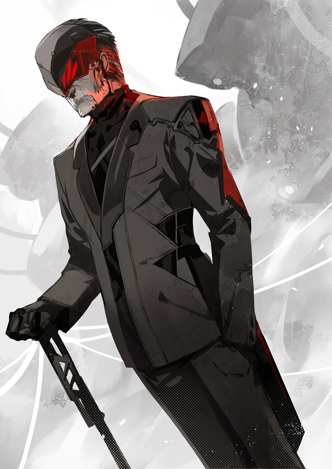 1boy, armored_core, armored_core_6, beard, black_suit, cane, cyborg, facial_hair