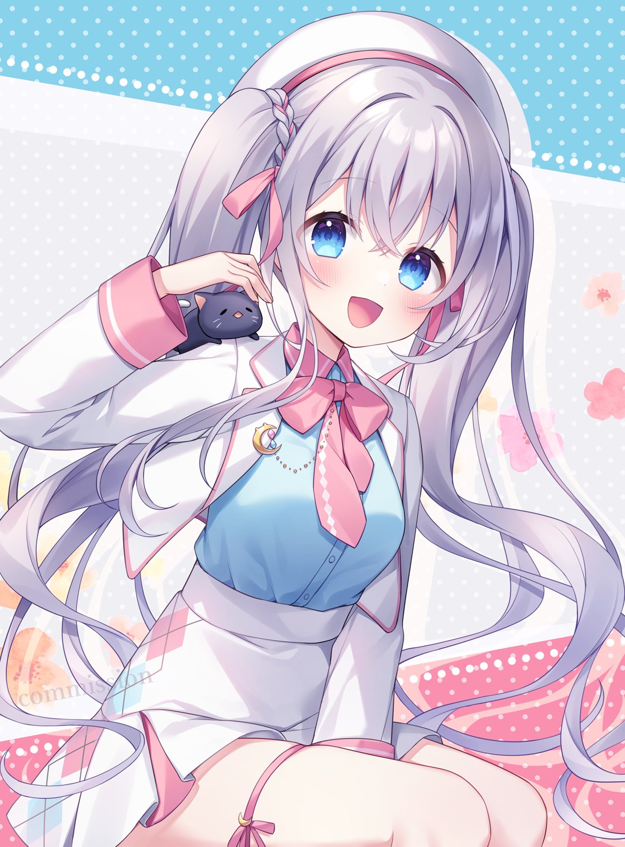 1girl, amane_kurumi, animal_on_shoulder, blue_eyes, blue_shirt, blush, bow, cat