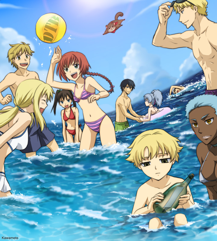 april_(darker_than_black), ball, beachball, bikini, bottle, braid, cloud, clouds