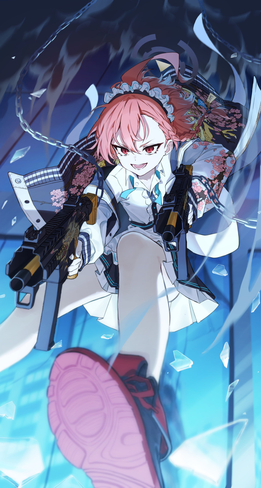 1girl, absurdres, ahoge, apron, asymmetrical_bangs, black_skirt, blue_archive, braid
