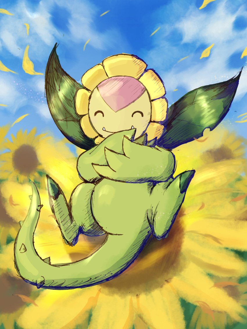 1other, absurdres, blue_sky, blurry, blurry_background, closed_eyes, day, digimon