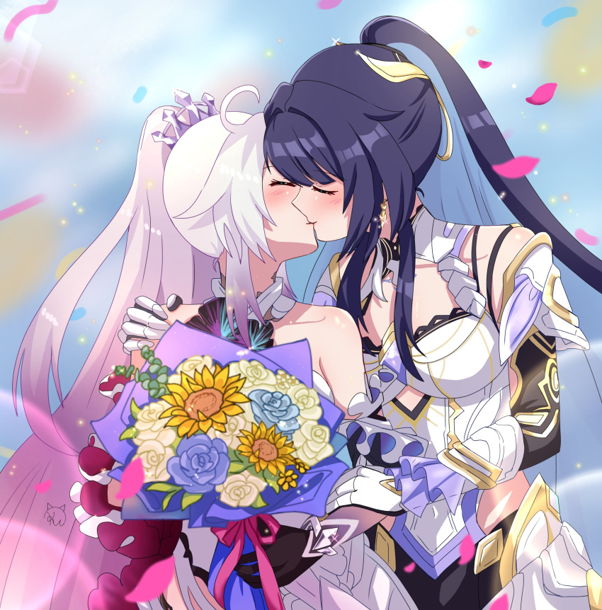 2girls, ahoge, armor, bare_shoulders, black_flower, blue_flower, blush, bouquet, breasts, closed_eyes, closed_mouth, collarbone, colored_inner_hair, couple, crown, earrings, english_commentary, falling_petals, flower, hair_flower, hair_ornament, hand_on_another's_arm, hand_on_another's_shoulder, height_difference, highres, holding, holding_bouquet, honkai_(series), honkai_impact_3rd, jewelry, kiana_kaslana, kiana_kaslana_(herrscher_of_finality), kiss, kudayunii, long_hair, medium_breasts, multicolored_hair, multiple_girls, petals, raiden_mei, raiden_mei_(herrscher_of_origin), sunflower, sunflower_hair_ornament, upper_body, white_armor, white_flower, white_hair, yellow_pansy_(flower_knight_girl), yuri