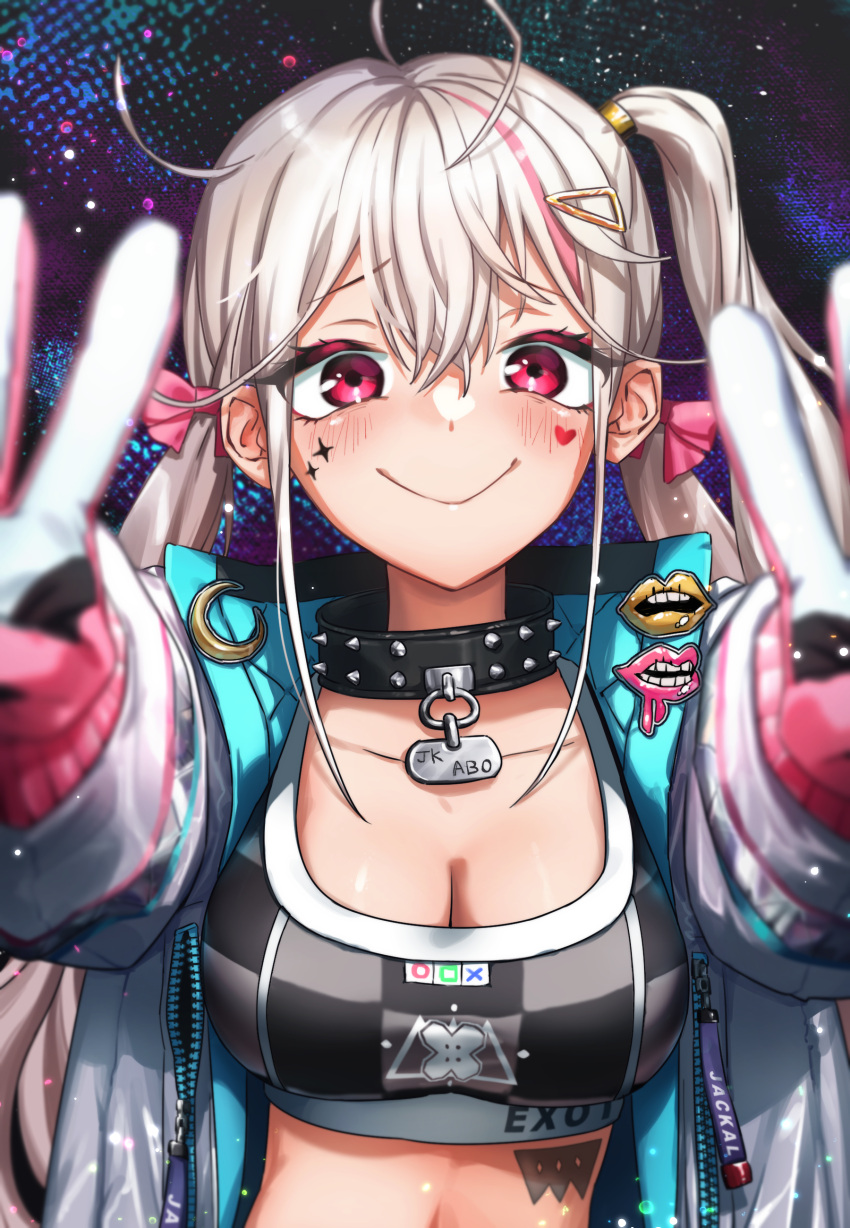 absurdres, akantai, blonde_hair, breasts, collar, double_v, gloves, goddess_of_victory:_nikke