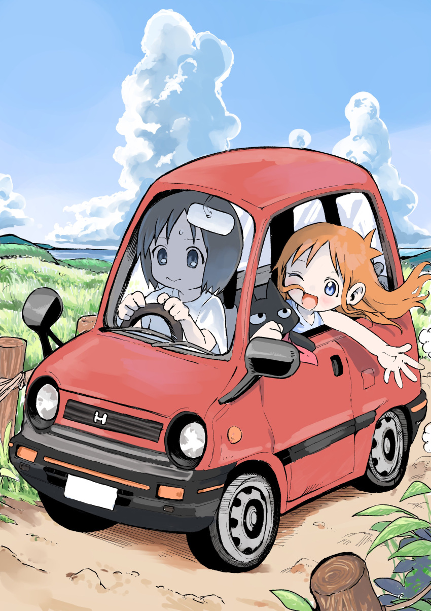 2girls, absurdres, blue_sky, bob_cut, car, clouds, dirt_road, driving