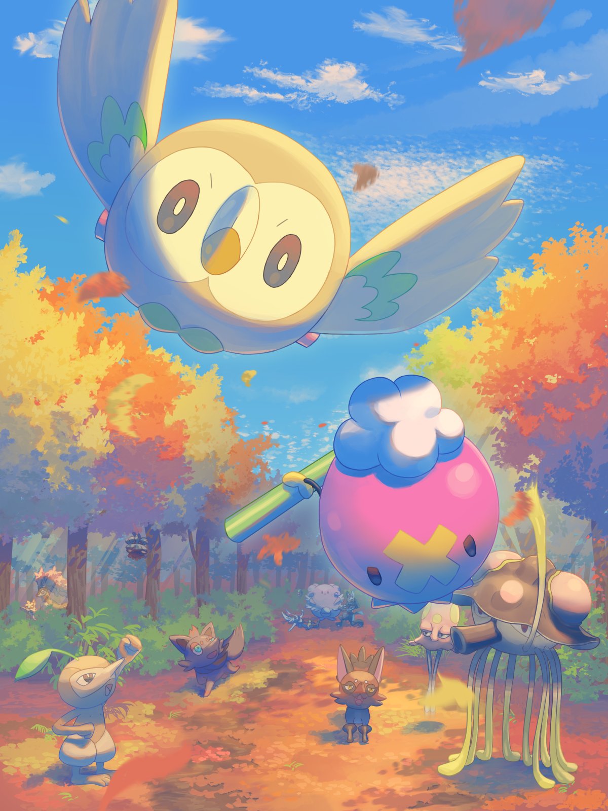 autumn, bird, blissey, bush, cinderace, clouds, commentary_request, day