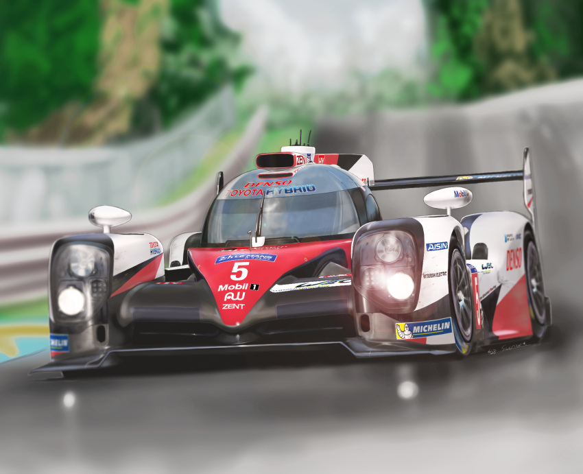 blurry, blurry_background, car, circuit_de_la_sarthe, highres, le_mans_prototype, michelin, michelin_man, mobil, motor_vehicle, no_humans, race_vehicle, racecar, racetrack, radio_antenna, silenxe, spoiler_(automobile), toyota, toyota_ts050, vehicle_focus, world_endurance_championship