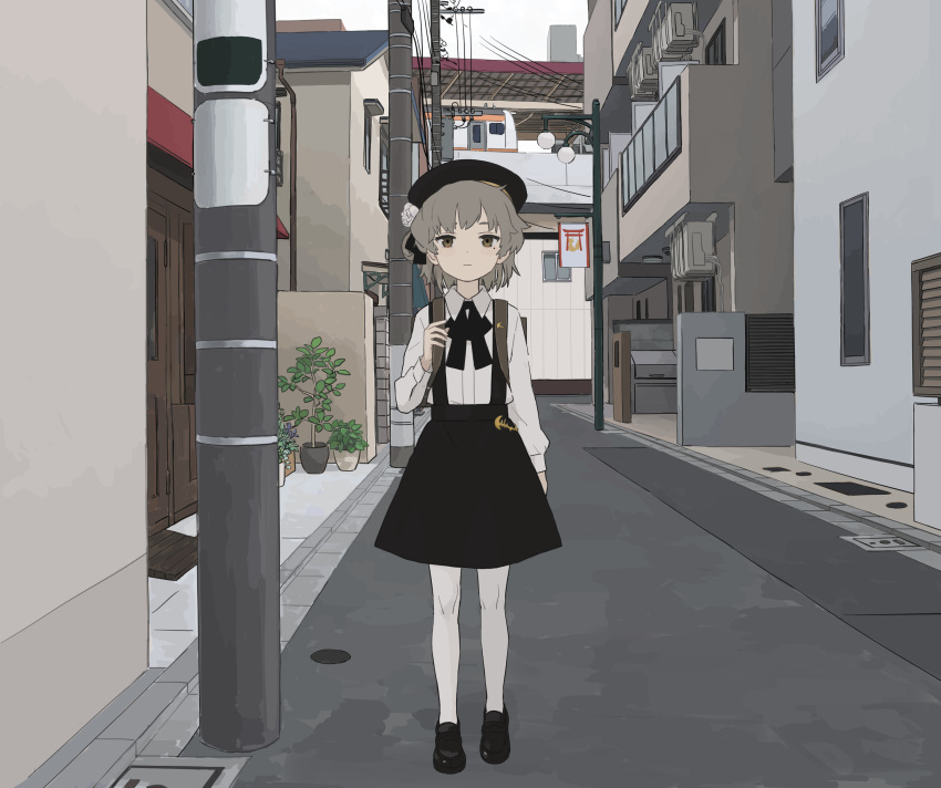1girl, absurdres, alley, arm_at_side, backpack, bag, beret, black_headwear, black_ribbon, black_skirt, brown_eyes, building, city, collared_shirt, commentary, dress_shirt, expressionless, grey_hair, hair_ribbon, hat, hatoba_tsugu, highres, holding_strap, lamppost, long_sleeves, looking_at_viewer, medium_hair, mole, mole_under_eye, outdoors, overcast, pantyhose, plant, potted_plant, power_lines, ribbon, rurikino_(ruriiro_kinoko), shirt, shirt_tucked_in, single_hair_ring, skirt, sky, solo, standing, straight-on, street_gutter, suspender_skirt, suspenders, tsugu_(vtuber), urban, utility_pole, virtual_youtuber, white_pantyhose, white_shirt