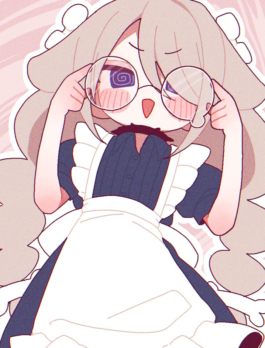 1girl, @_@, adjusting_eyewear, alternate_hair_color, alternate_hairstyle, animal_ears, apron, banananosongen, black_dress, bone_hair_ornament, borrowed_character, braid, brown_hair, collar, collared_dress, cowboy_shot, dog_ears, dog_girl, dress, ears_down, hair_ornament, hair_over_one_eye, hands_up, looking_at_viewer, low_twin_braids, maid, maid_apron, no_sclera, nuinuiwawan_(character), open_mouth, original, outline, pink_background, popped_collar, puffy_short_sleeves, puffy_sleeves, ribbed_dress, round_eyewear, short_sleeves, smile, solo, spiked_collar, spikes, teardrop-framed_glasses, twin_braids, v-shaped_eyebrows, violet_eyes, white_apron, white_outline