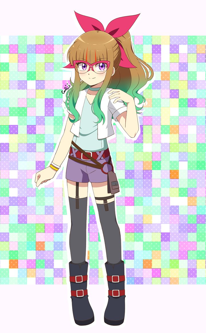 1girl, belt, black_footwear, black_thighhighs, brown_hair, caro-xy, glasses, hair_ribbon