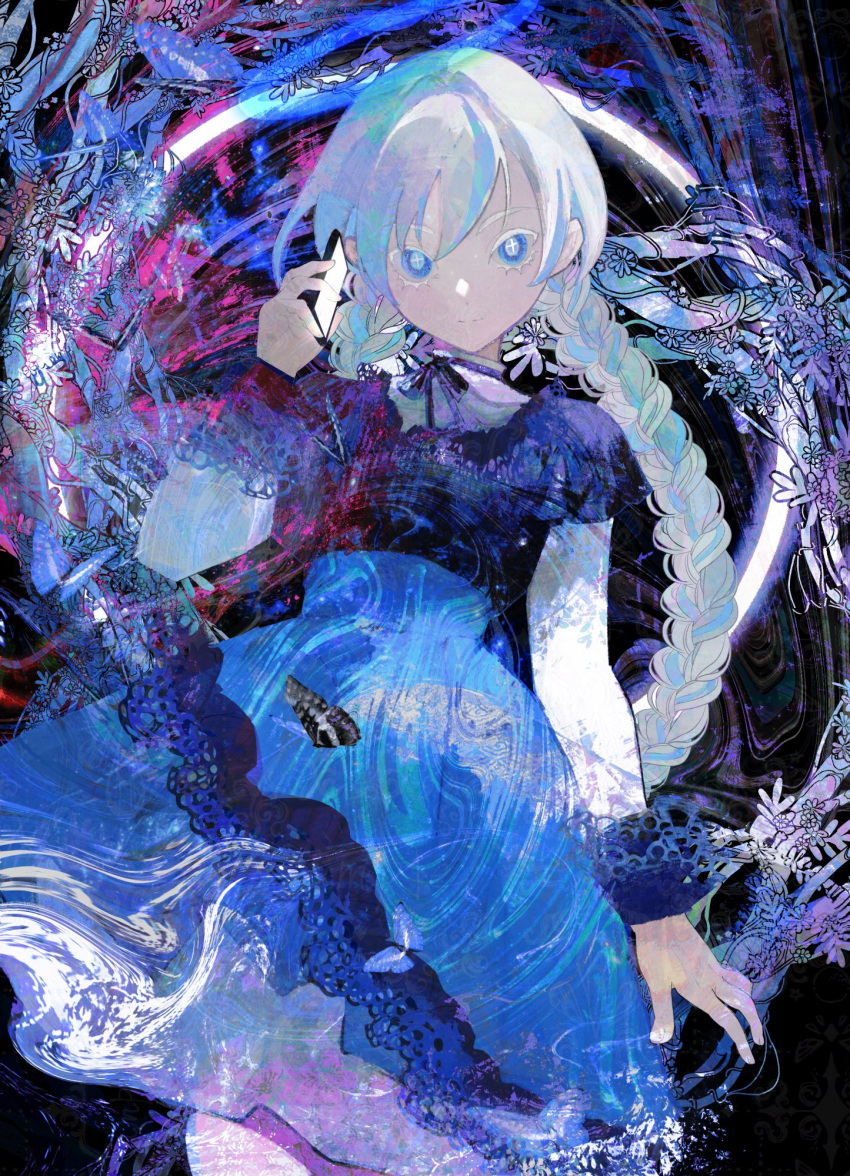 1girl, black_ribbon, blue_eyes, braid, bug, butterfly, closed_mouth, cross-shaped_pupils