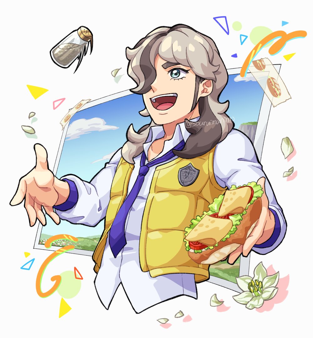 1boy, arven_(pokemon), blue_sky, brown_hair, collared_shirt, flower, food, green_eyes