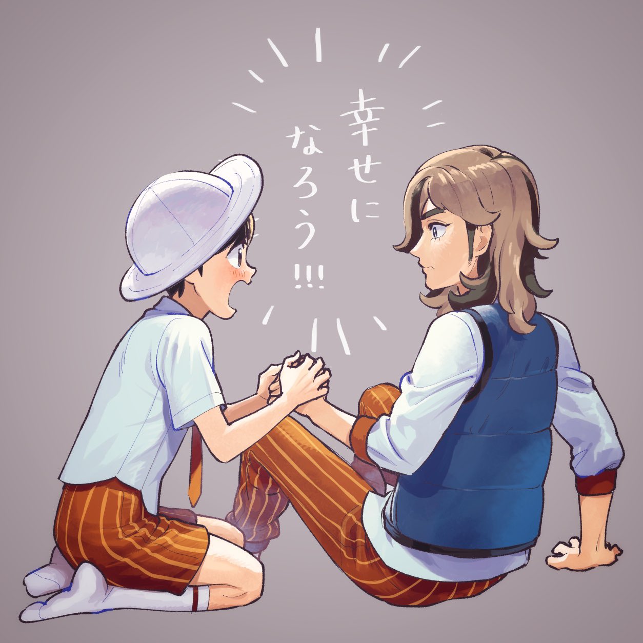 2boys, arven_(pokemon), blue_vest, blush, brown_eyes, brown_hair, florian_(pokemon), grey_background