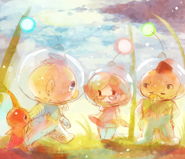 1girl, 2boys, alien, alph_(pikmin), b_spa_gyoreva, bad_id, bad_pixiv_id, badge